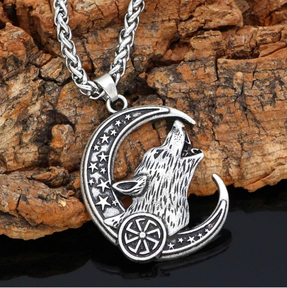 Silver Wolf Moon Pendant Necklace
